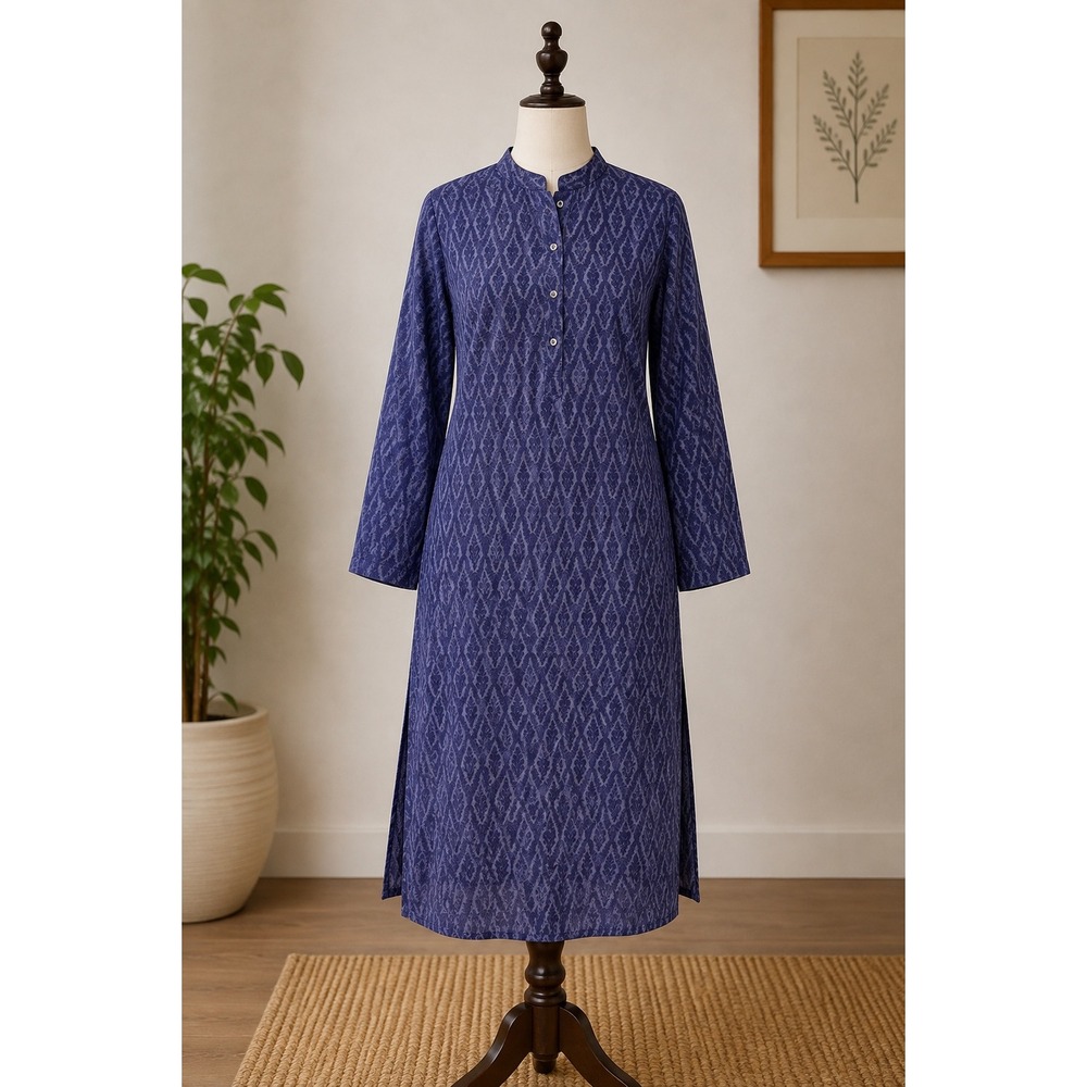 Fabindia Viscose Silk Blend Jacquard Kurta Tunic Size 42 Slim Fit Navy Boho